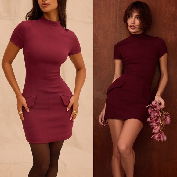 House of CB Alia Mulberry Red‎ Purple Short Sleeve Mini Dress Size L Tall - Picture 2 of 13